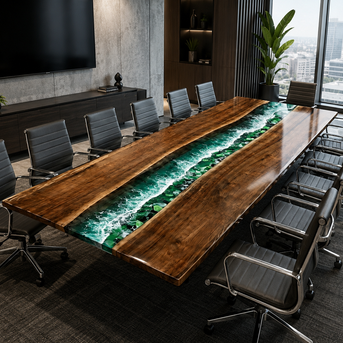Black Walnut with Green Wave Epoxy Resin Conference Table