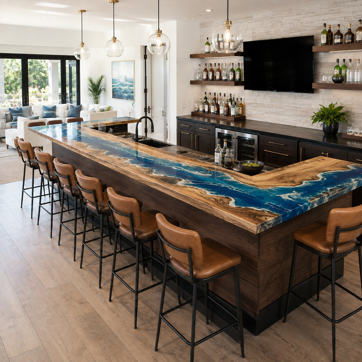 Walnut Wood L-Shaped Ocean Wave Custom Corner Epoxy Resin Bar Table