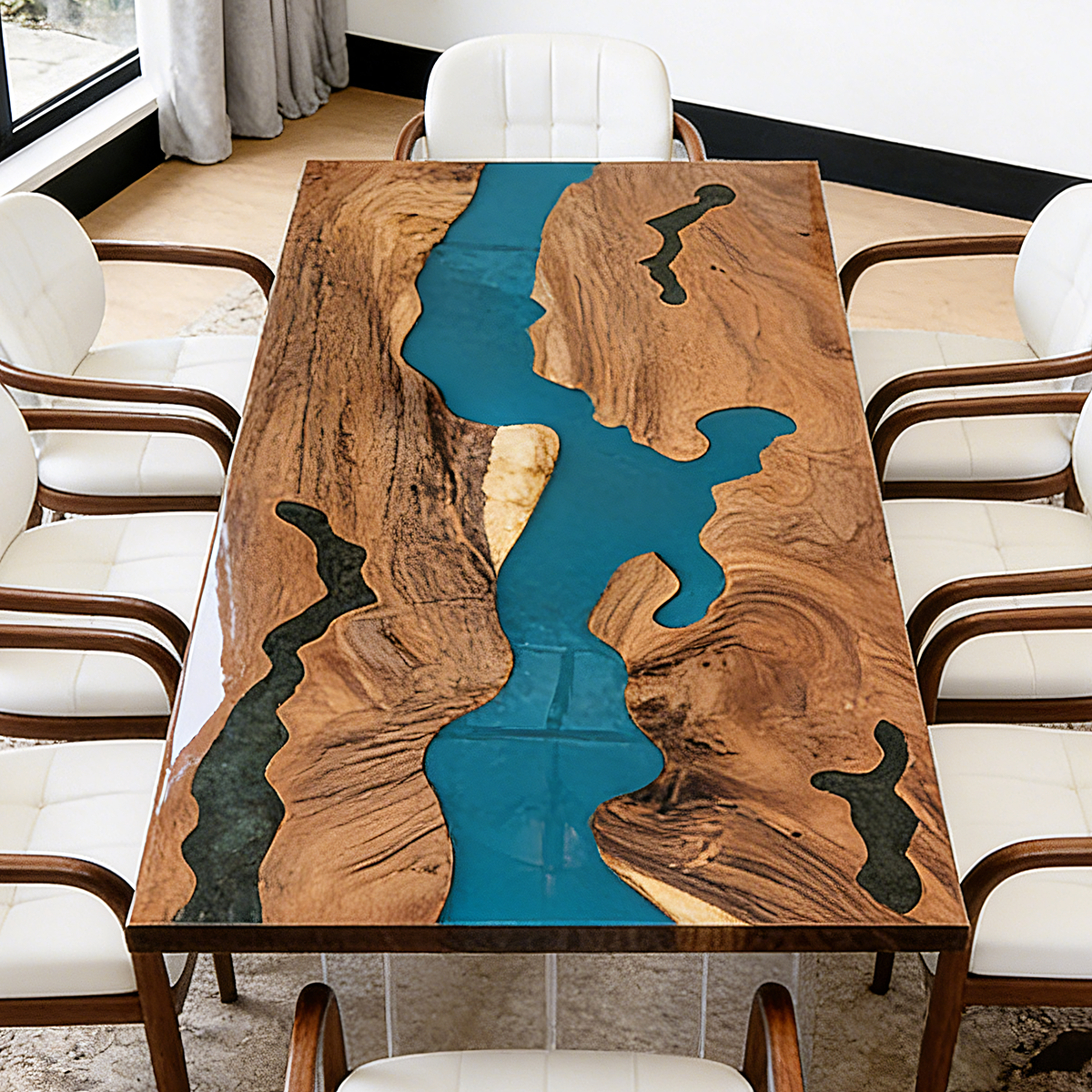 Walnut Wood Blue River Rectangular Epoxy Resin Dining Table