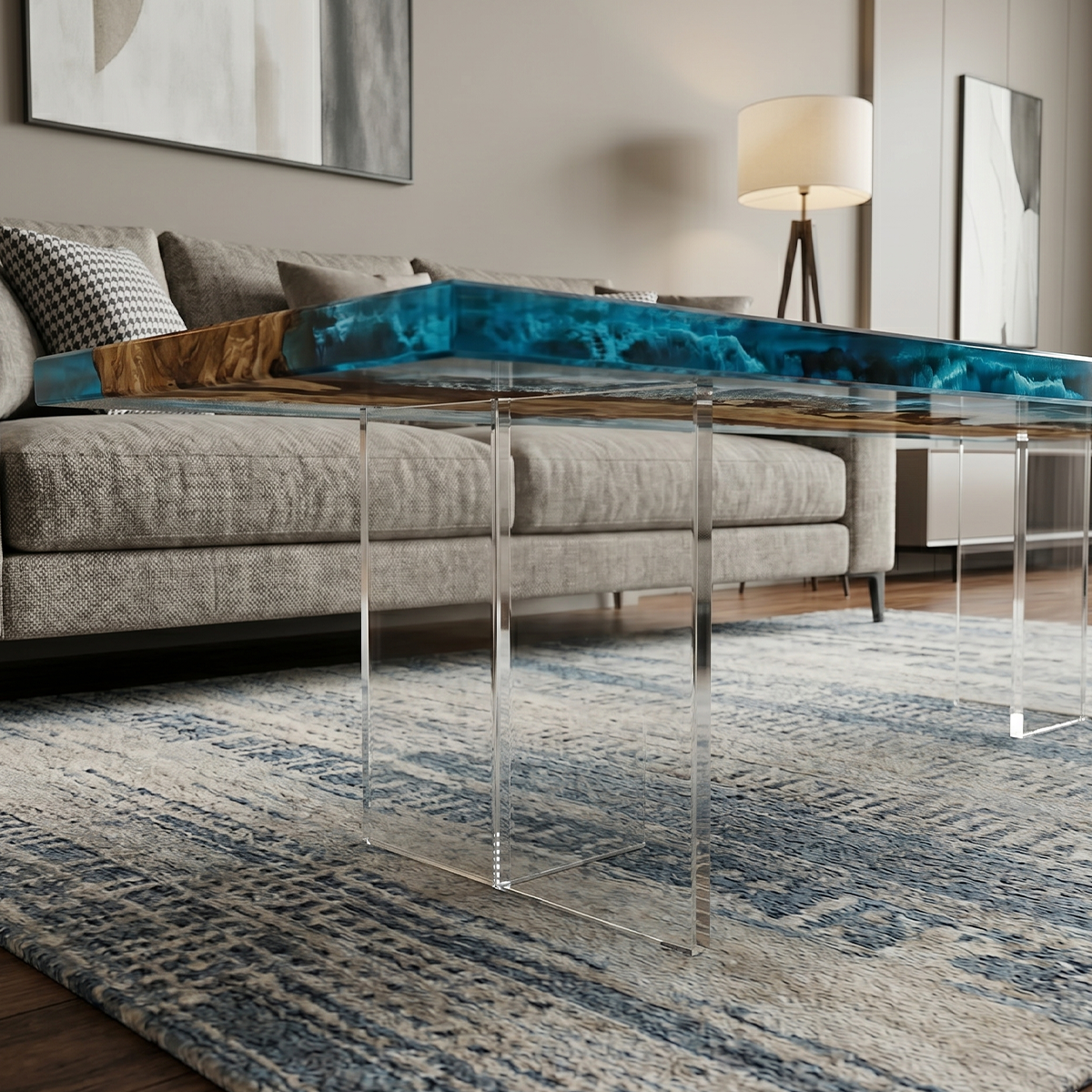 Walnut Wood Ocean Wave Resin Coffee Table