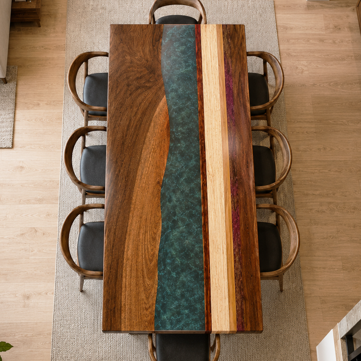 Black Walnut with Swirl Green Epoxy Resin Dining Table