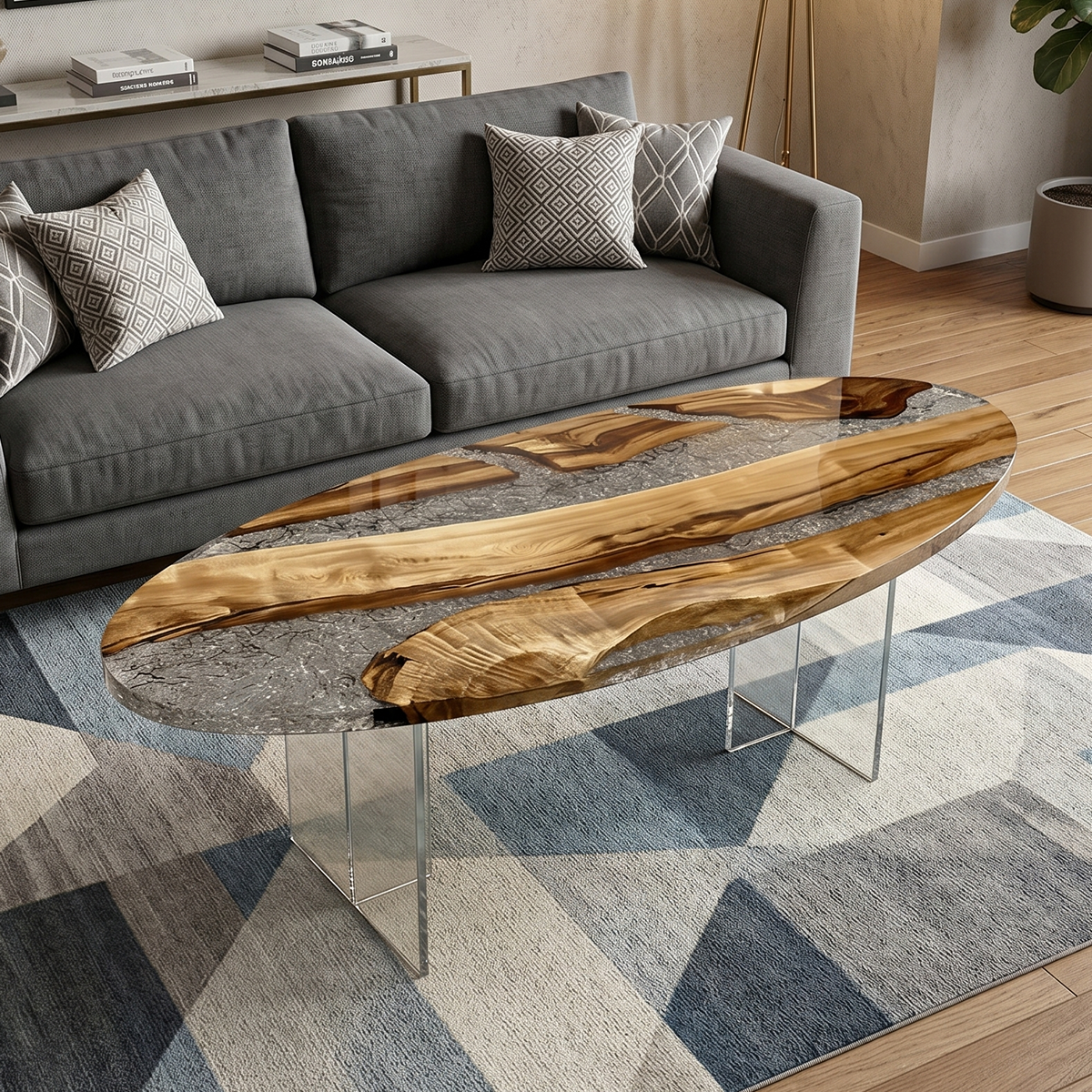 Camphor Wood Elliptical Resin Coffee Table