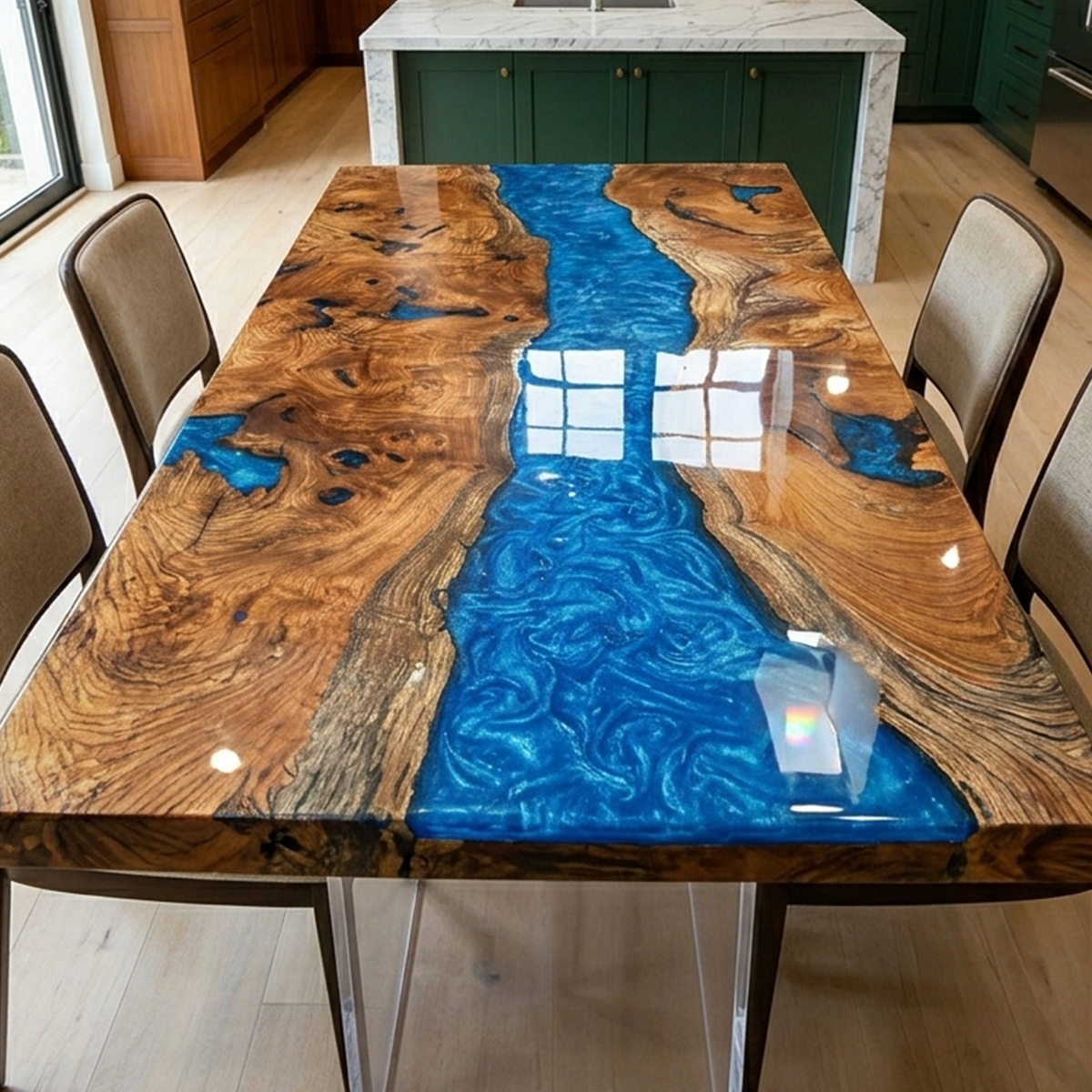 Poplar Wood Blue River Rectangle Epoxy vResin Dining Table