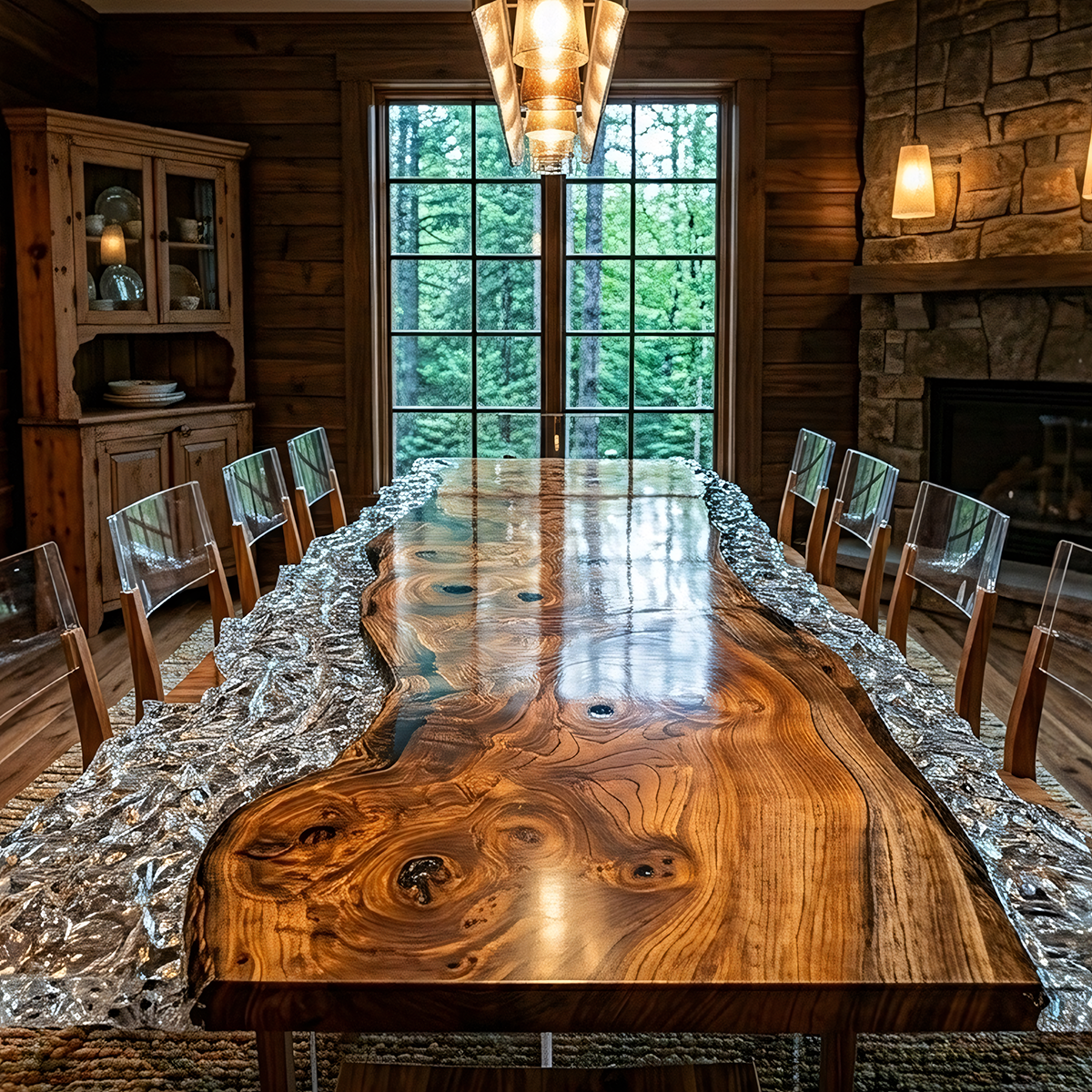 Olive Burl Wood Silver Metallic Epoxy Live Edge Dining Table