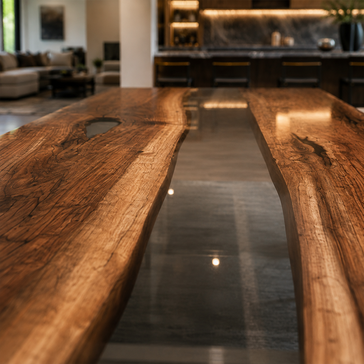 Black Walnut Wood with Transparent Epoxy Resin Dining Table 31.5"W x 78.7"L Thickness 1.6"