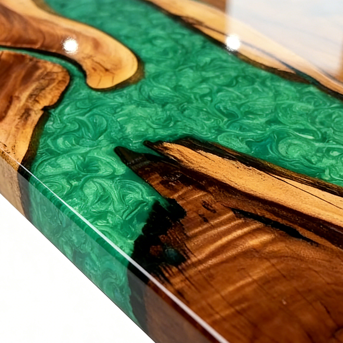 Walnut Wood Rectangle Green Epoxy Resin River Dining Table