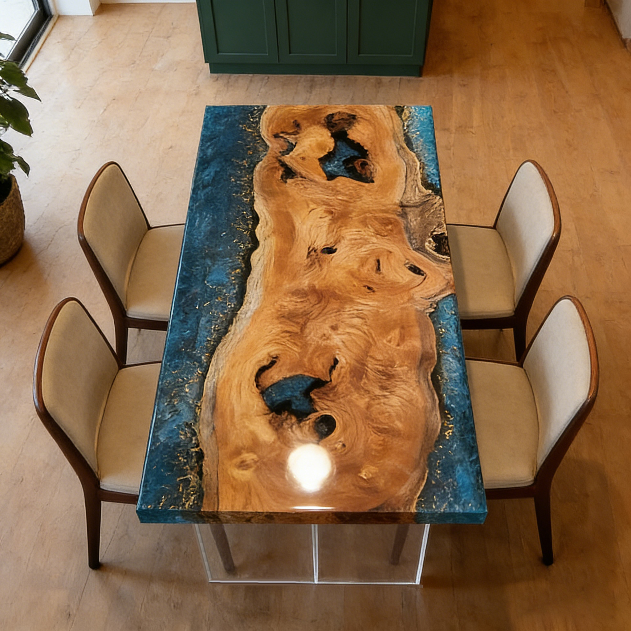 Rectangle Burl Wood Blue Epoxy Resin River Dining Table