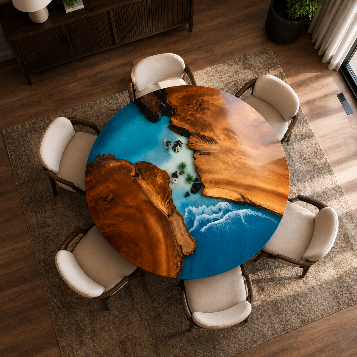 Olive Wood Blue Wave Resin Round Table
