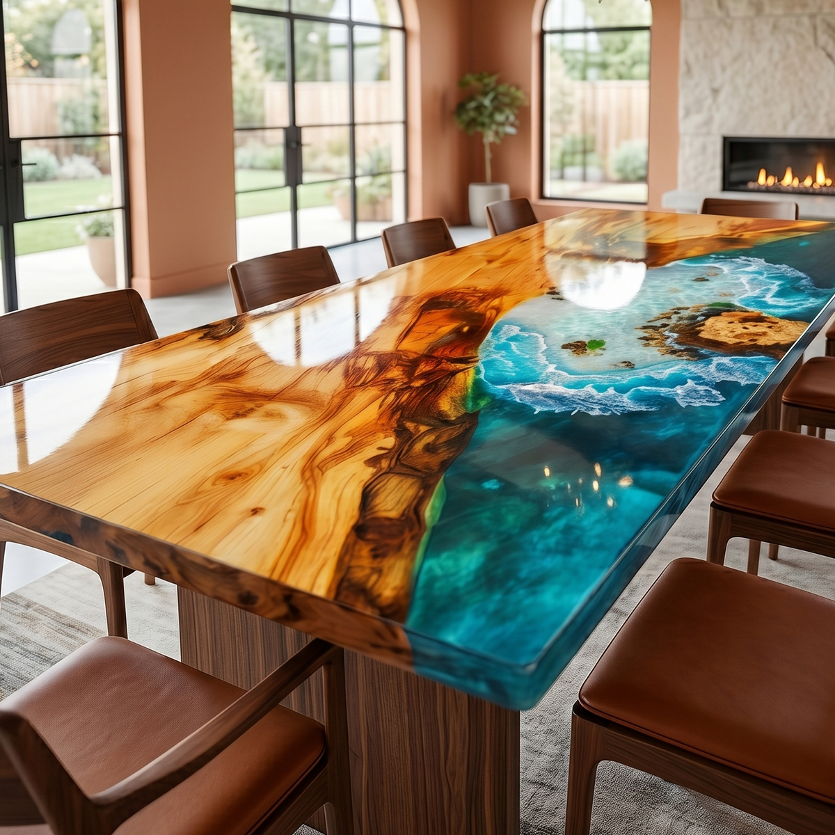 Cunninghamia Wood Epoxy Table with Island Epoxy Resin Dining Table