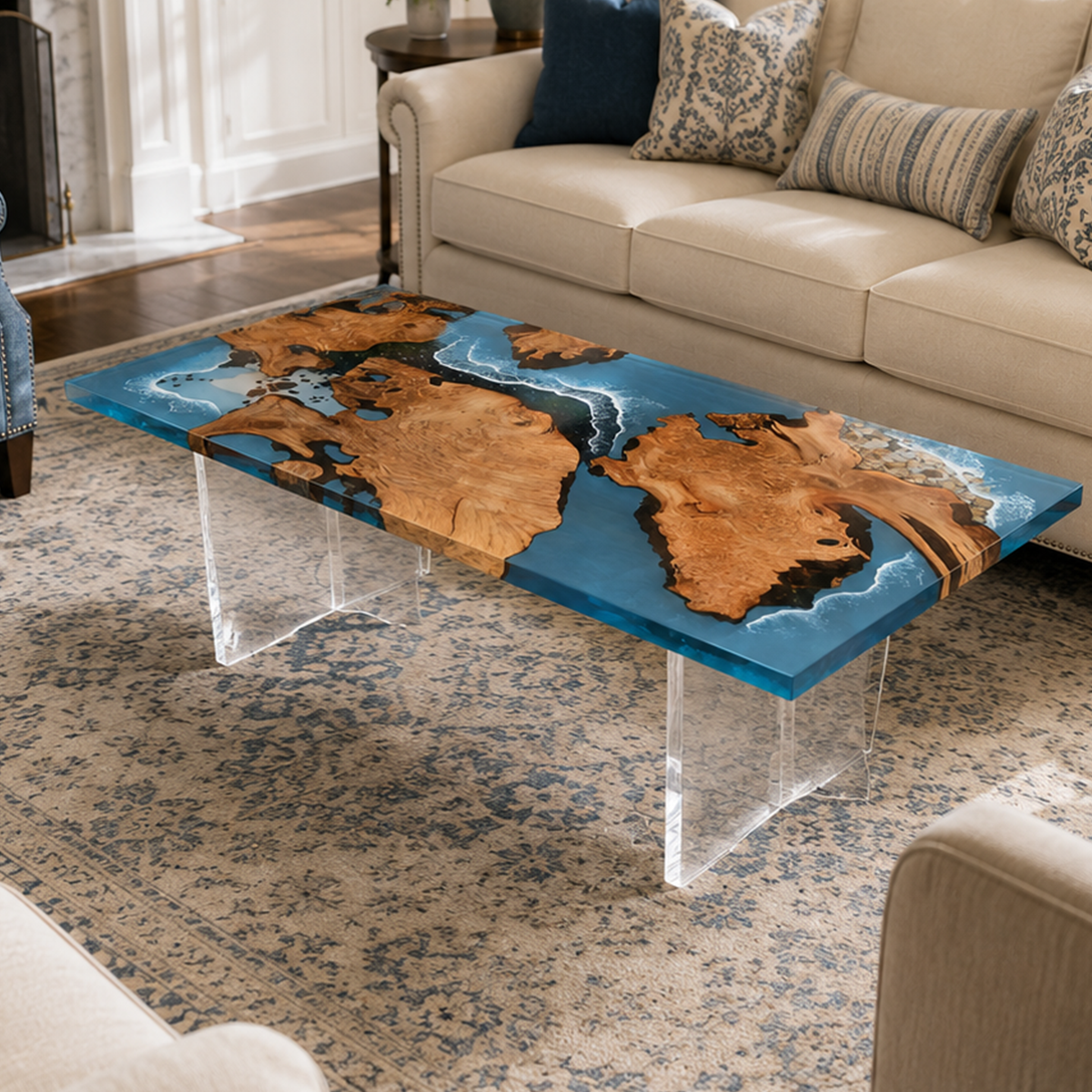 Poplar Wood Ocean Scene Rectangle Resin Coffee Table