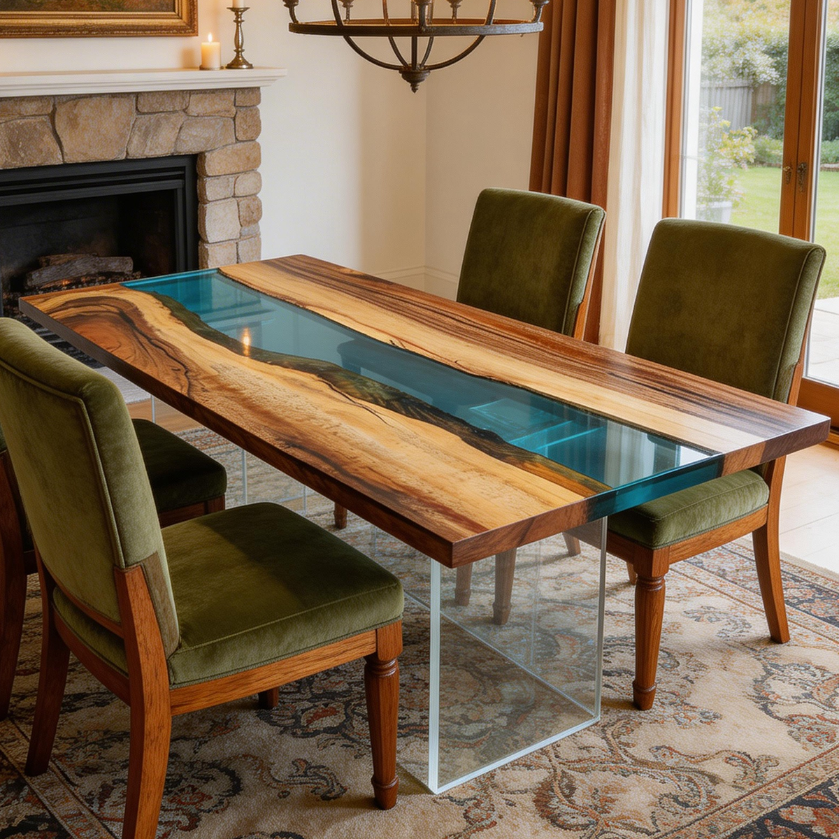 Walnut Wood Transparent Blue Epoxy Resin Dining Table