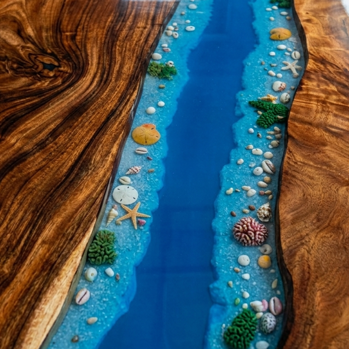 Walnut Wood Blue River Rectangle Epoxy Resin Dining Table