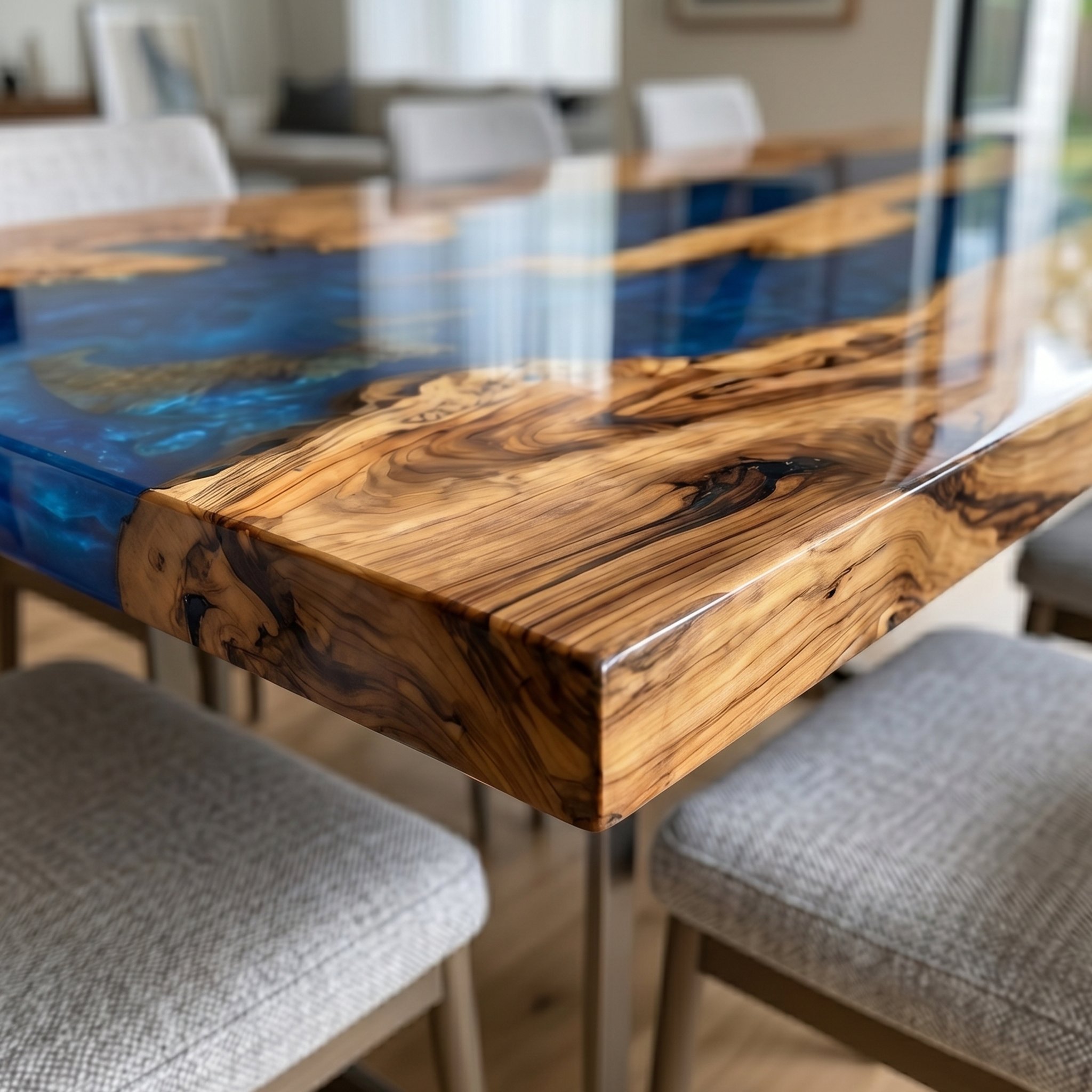 Olive Wood Ocean Blue Epoxy Resin River Dining Table
