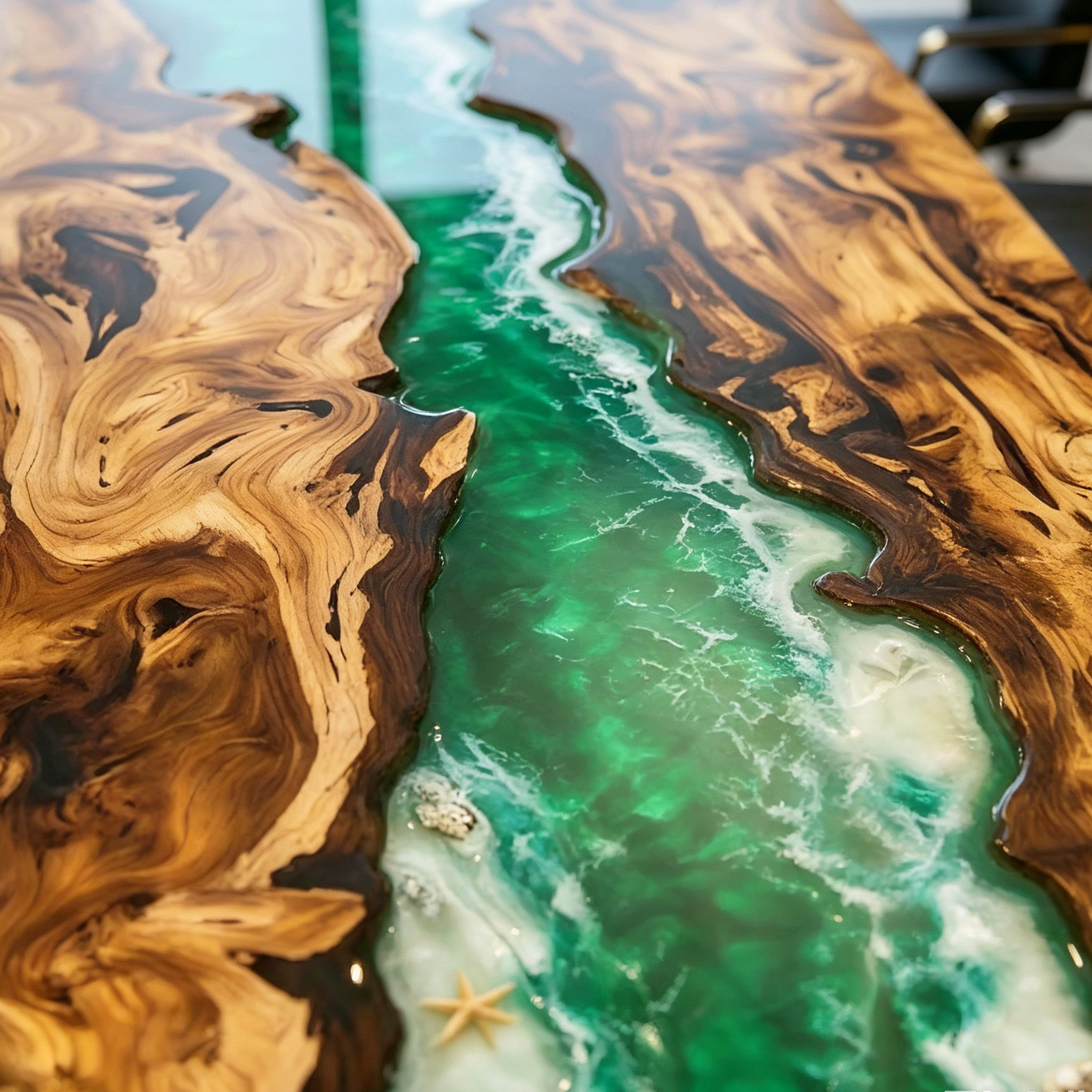 Olive Wood Green Ocean Wave Epoxy Resin Conference Table