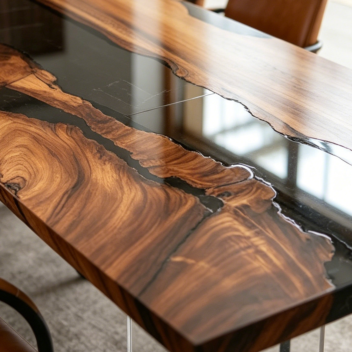Black Walnut Wood Black River Rectangle Resin Conference Table