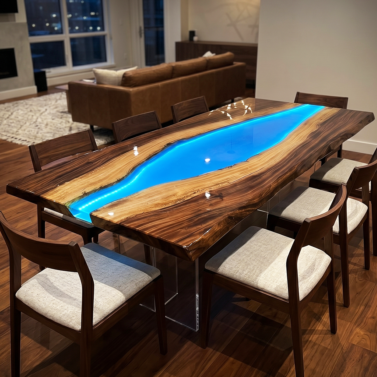 Walnut Wood LED Blue River Epoxy Resin Dining Table