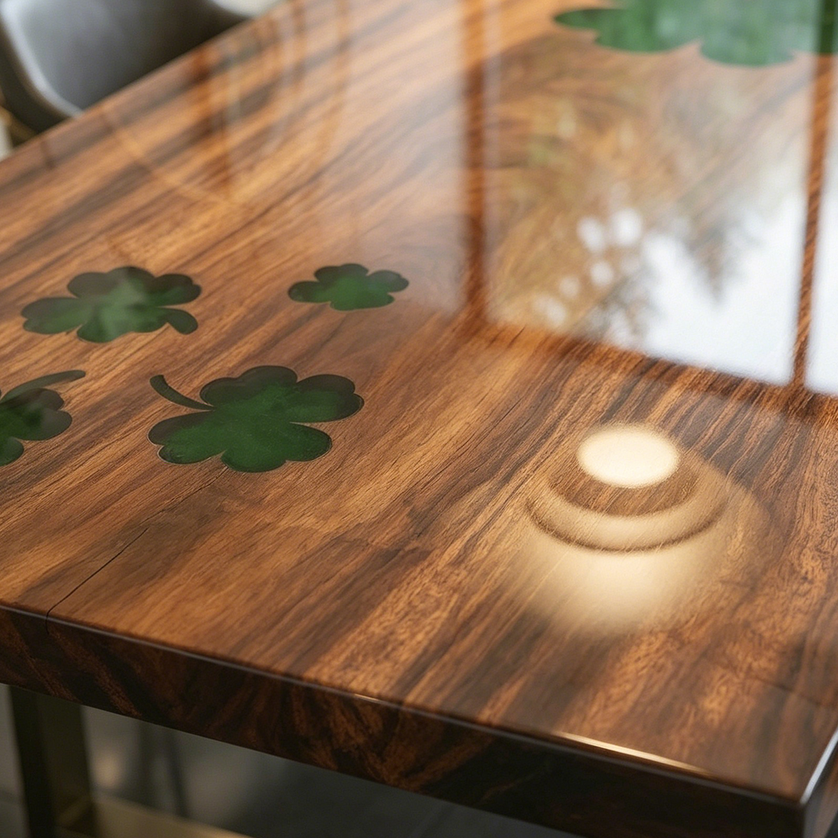 Walnut Wood Shamrock Inlay  Epoxy Resin Dining Table