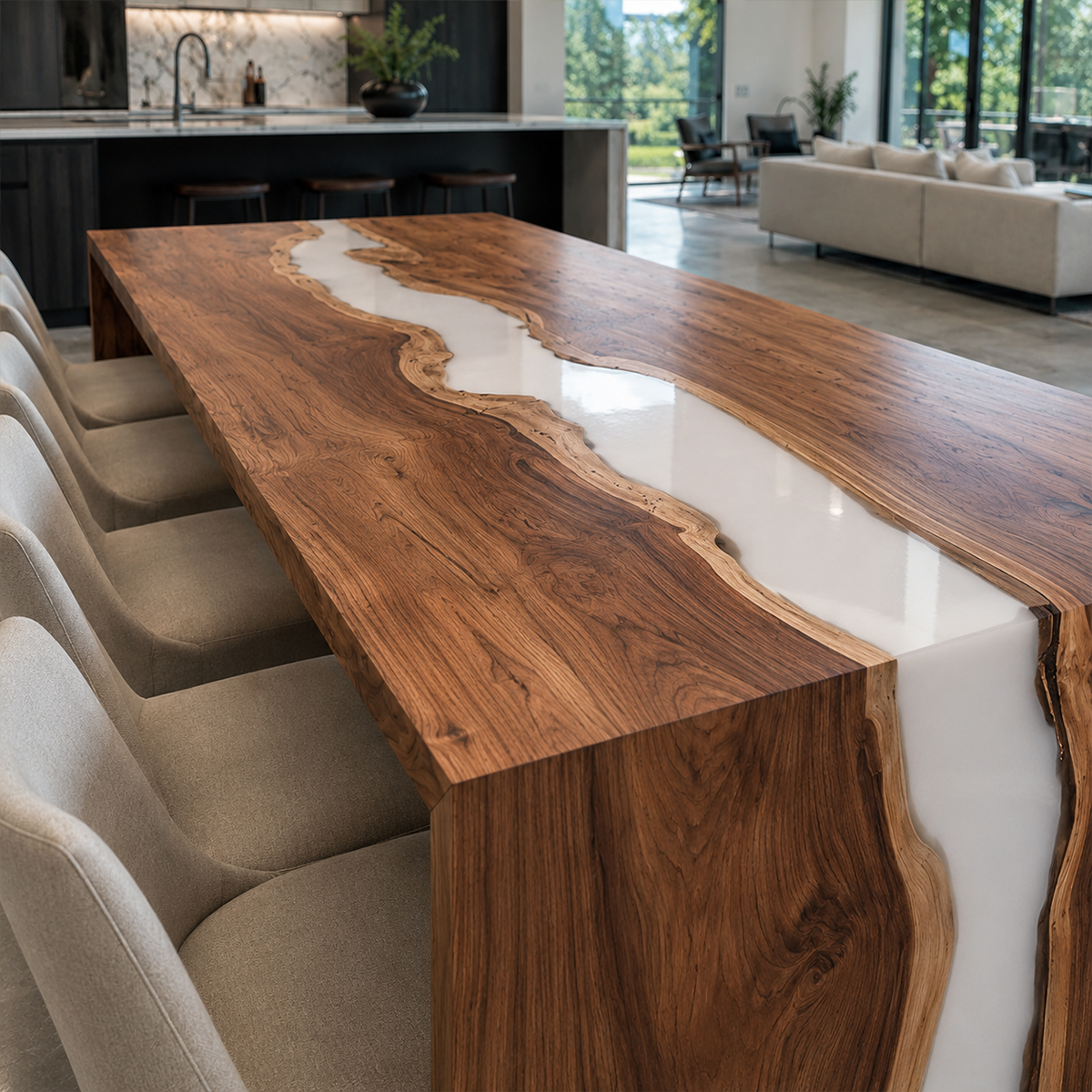 Walnut Wood White Epoxy Resin Waterfall Dining Table