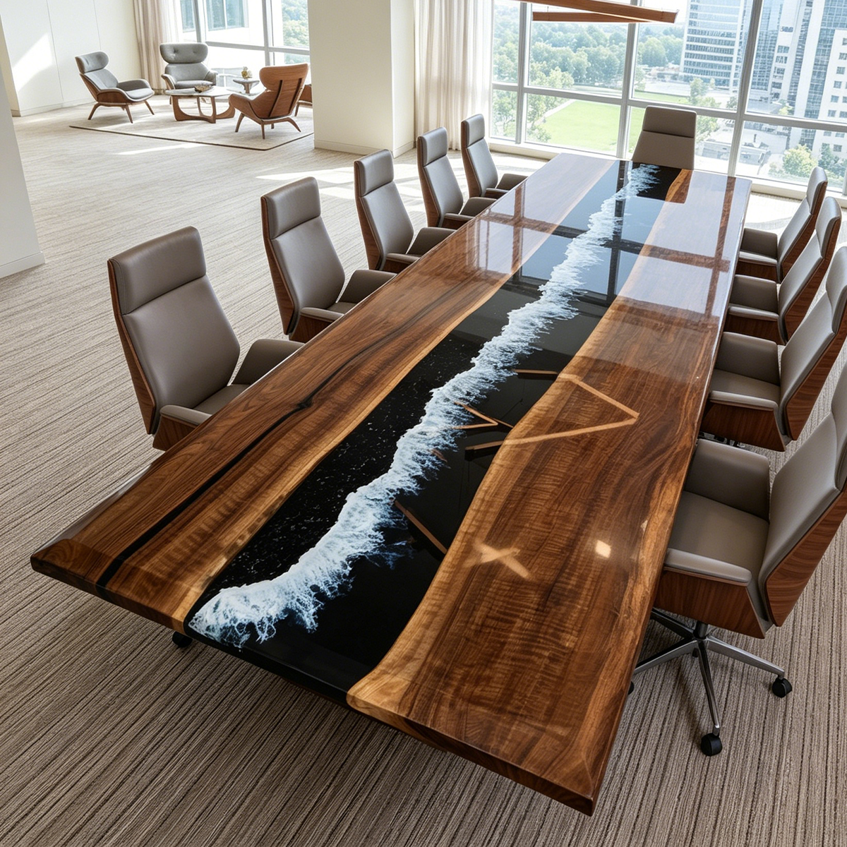 Walnut Wood Black Wave Epoxy Resin Conference Table