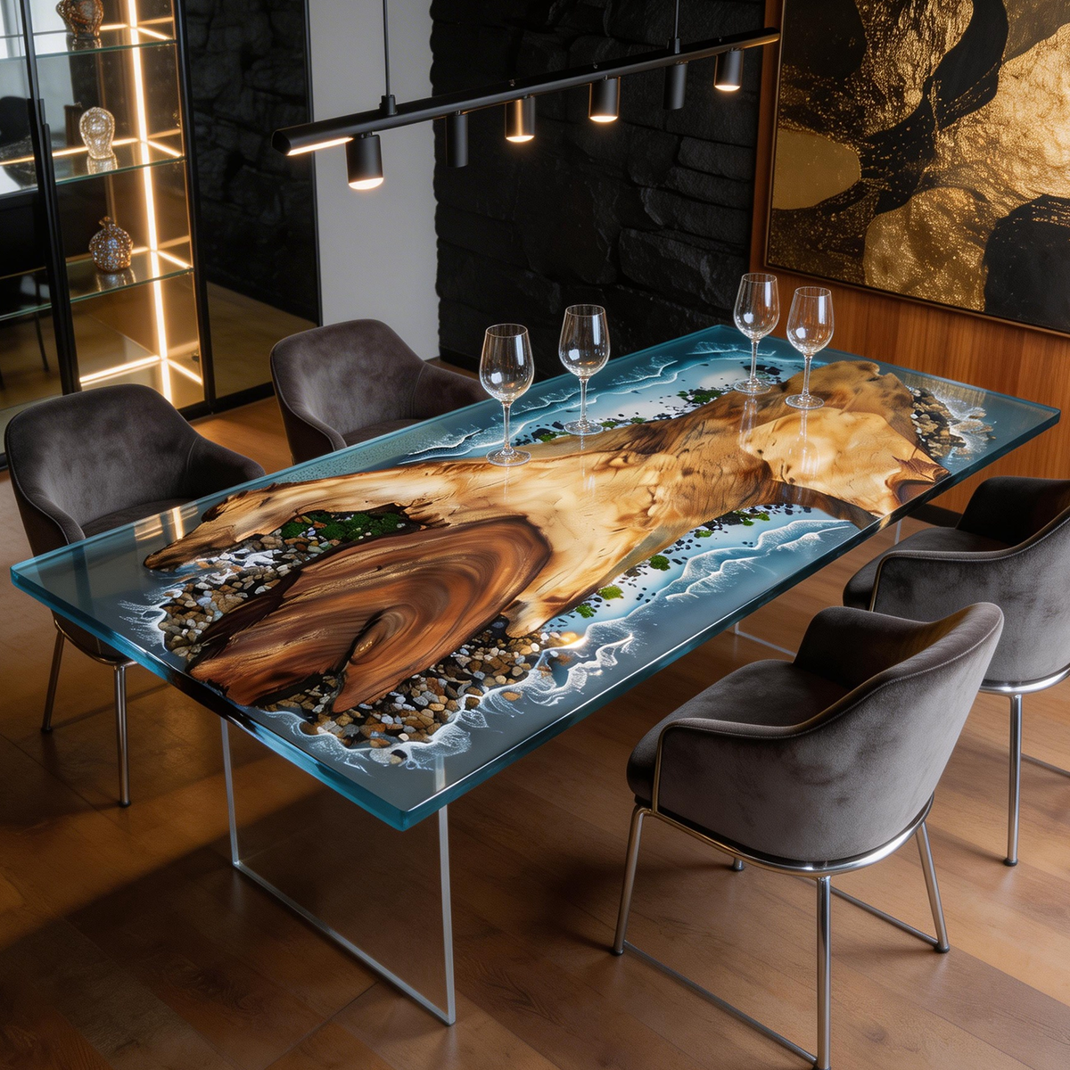 Walnut Wood Ocean Scene Rectangle Epoxy Resin coffee table