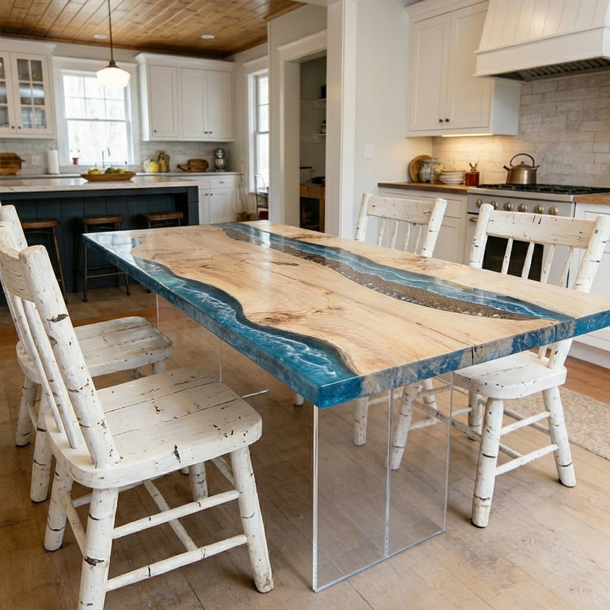 Poplar Wood Blue River Rectangle Epoxy Resin Dining Table