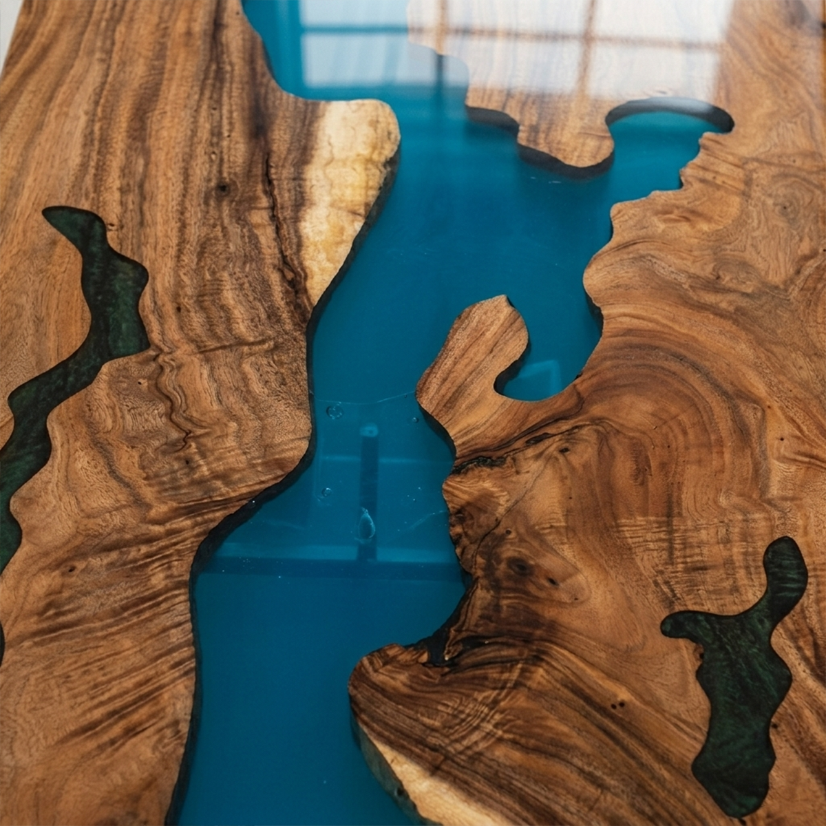 Walnut Wood Blue River Rectangular Epoxy Resin Dining Table