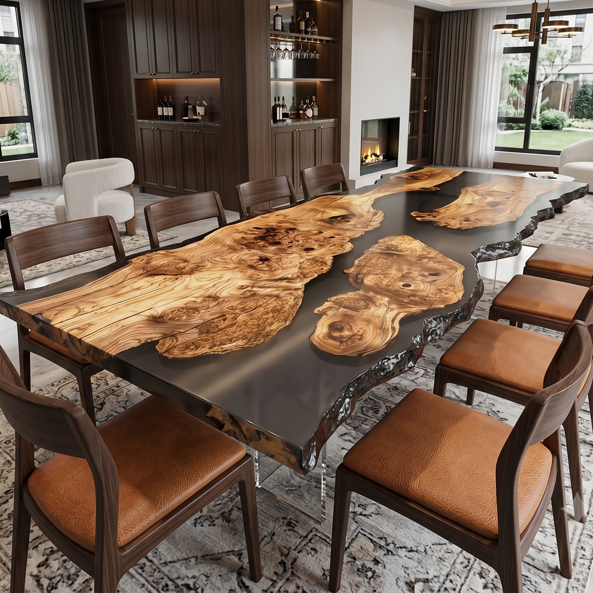 Olive Wood Live Edge Rectangle Epoxy Resin Dining Table