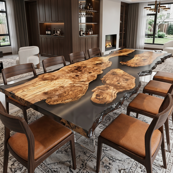 Olive Wood Live Edge Rectangle Epoxy Resin Dining Table