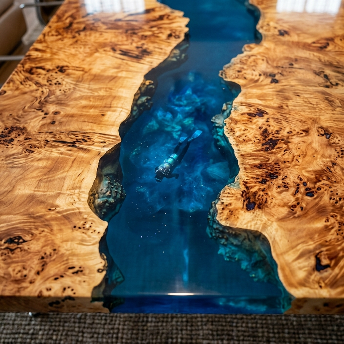 Poplar Wood  Rectangle Blue River  Resin Conference Table