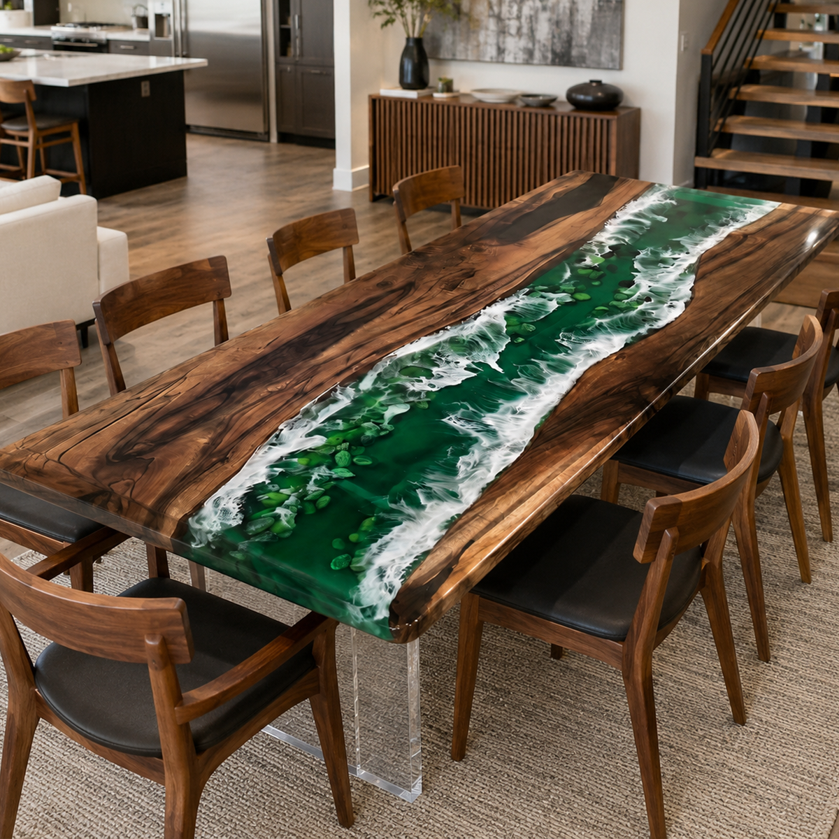 Black Walnut with Green Wave Epoxy Resin Dining Table