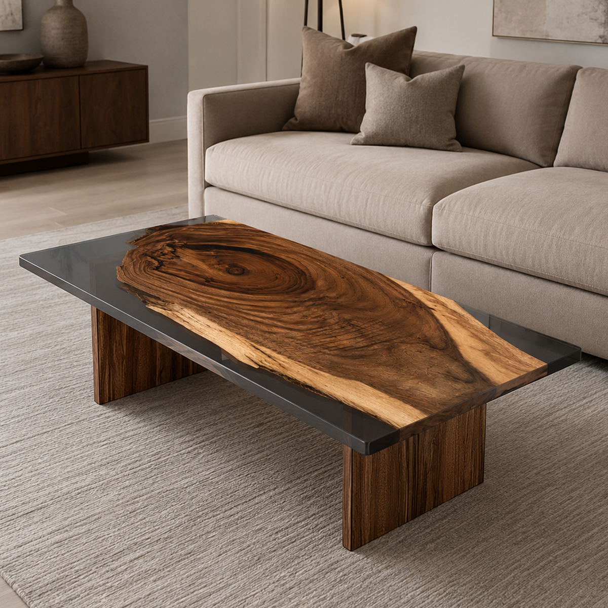 Black Walnut Wood Rectangle Resin Coffee Table