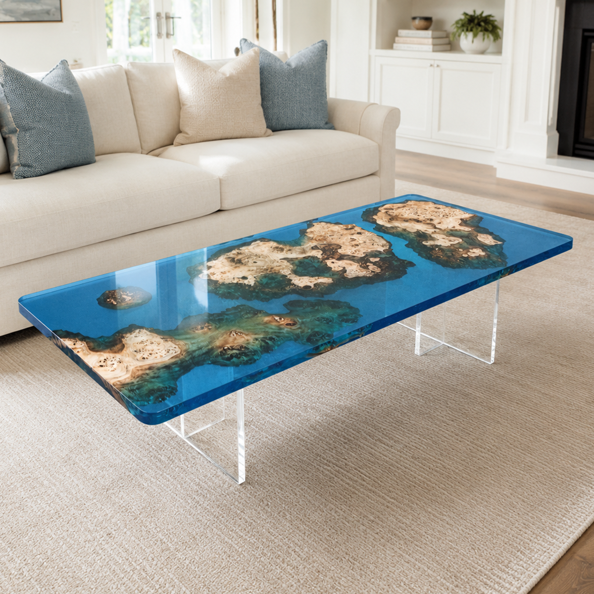 Poplar Wood Ocean Scene Rectangle Resin Coffee Table