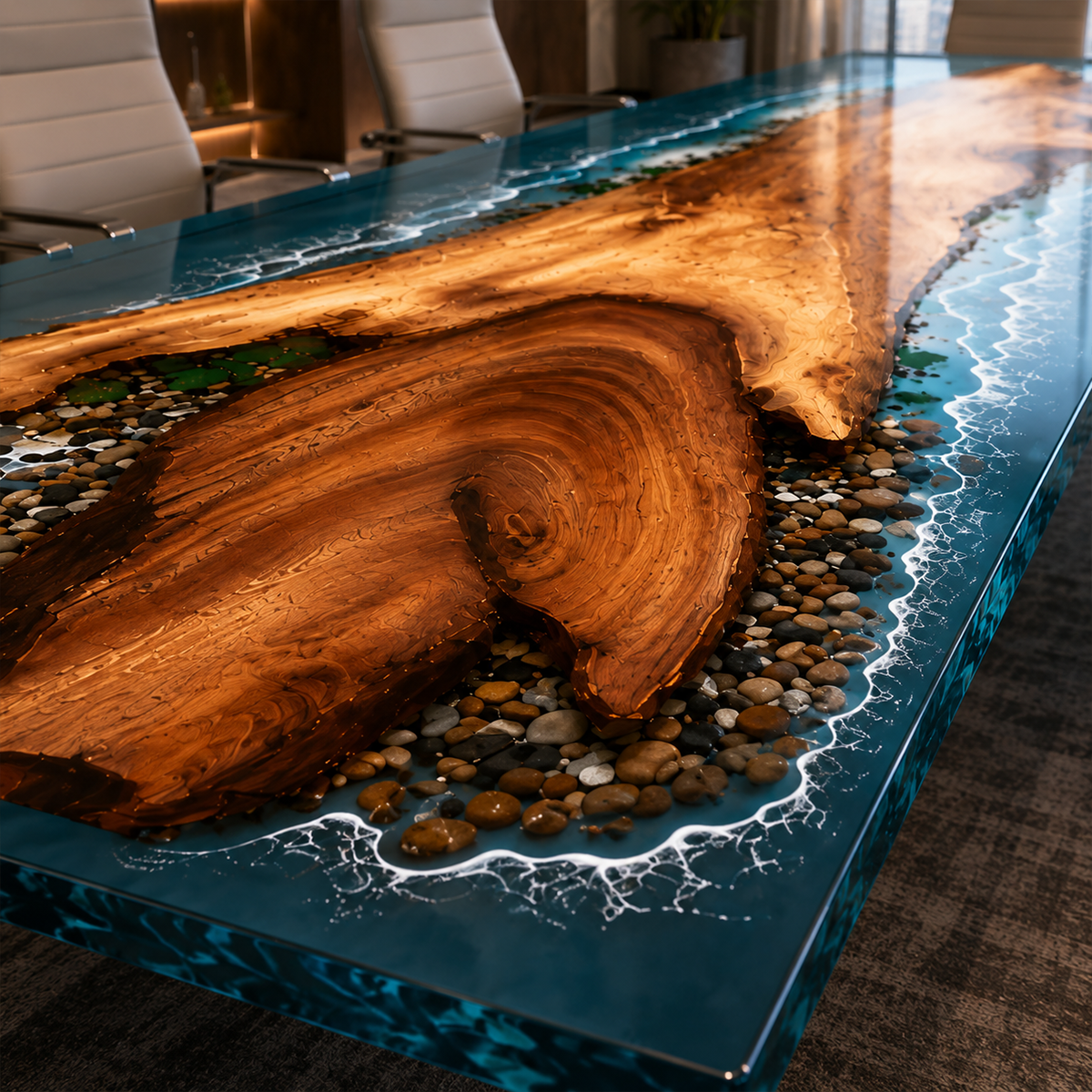 Walnut Wood with Blue Wave Epoxy Resin Conference Table