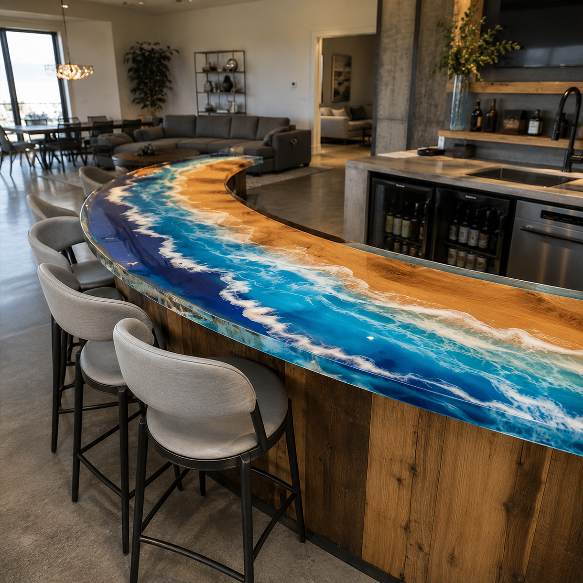 Walnut Wood Curved Ocean Wave Commercial Custom Epoxy Resin Bar Table