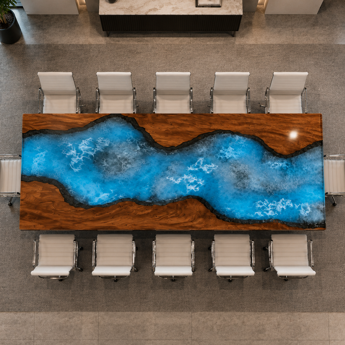 Walnut Wood with Swirl Blue Epoxy Resin Conference Table
