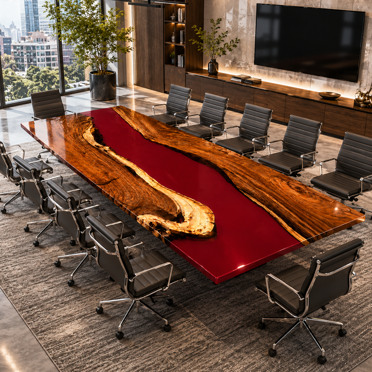 Walnut Wood with Red Epoxy Resin Conference Table