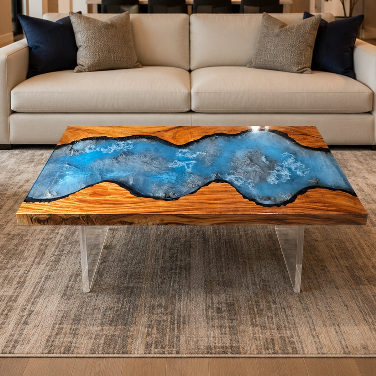 Walnut Wood Blue Lagoon Epoxy Resin Coffee Table