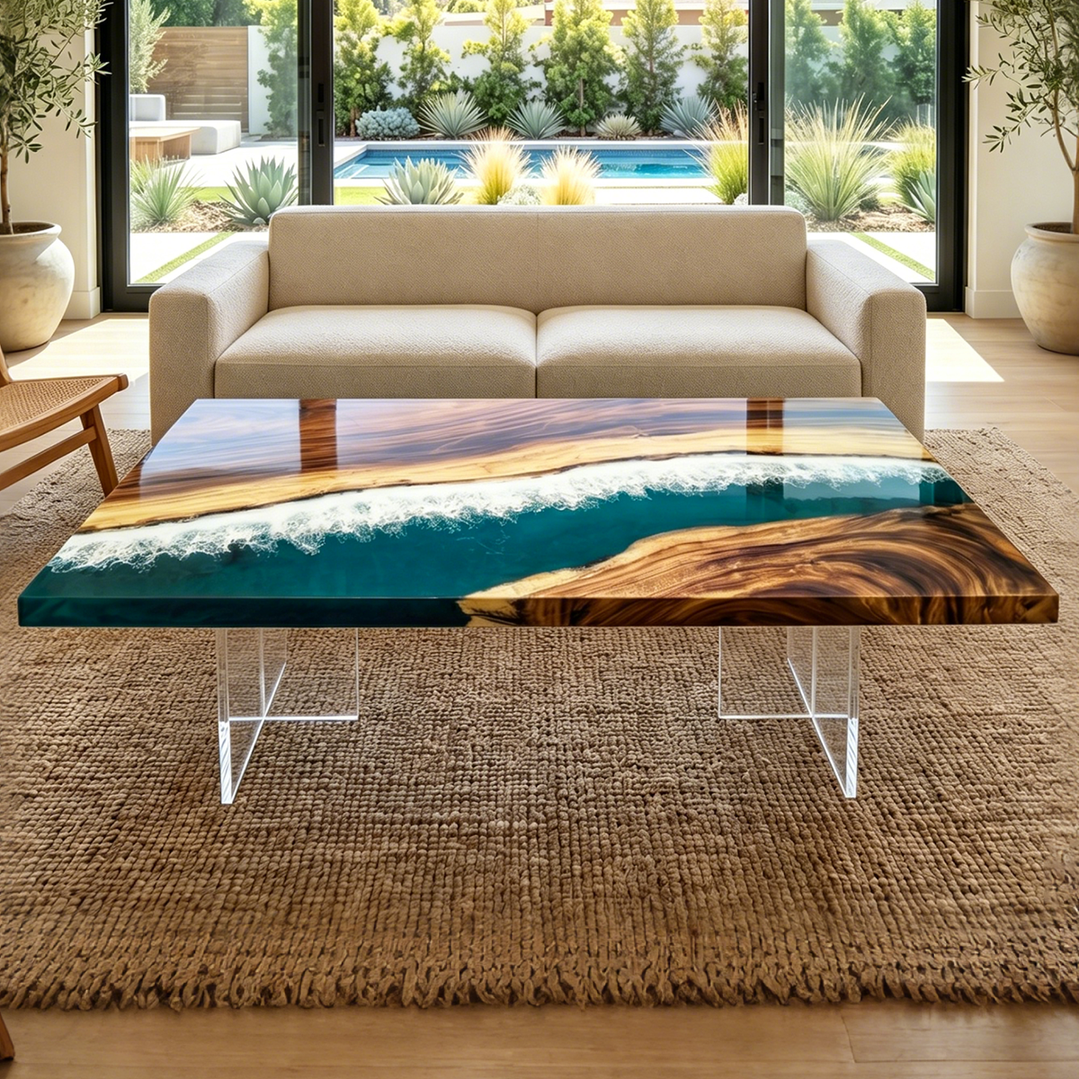 Walnut Teal Ocean Wave Epoxy Resin Coffee Table