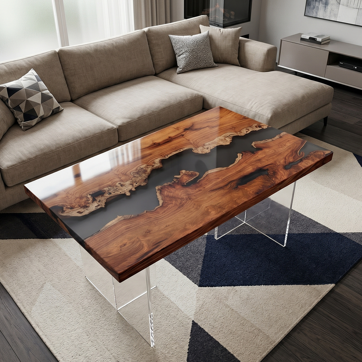 Burl Wood Black River Rectangle Resin Coffee Table