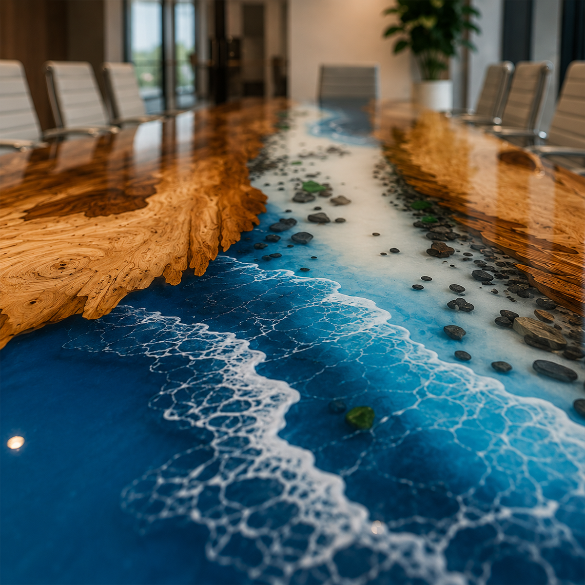 Walnut Wood with Blue Wave Epoxy Resin Conference Table