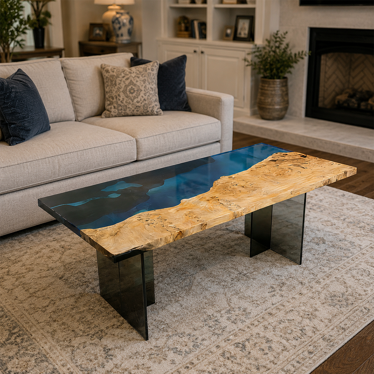 Poplar Wood Lake Scene Rectangle Resin Coffee Table