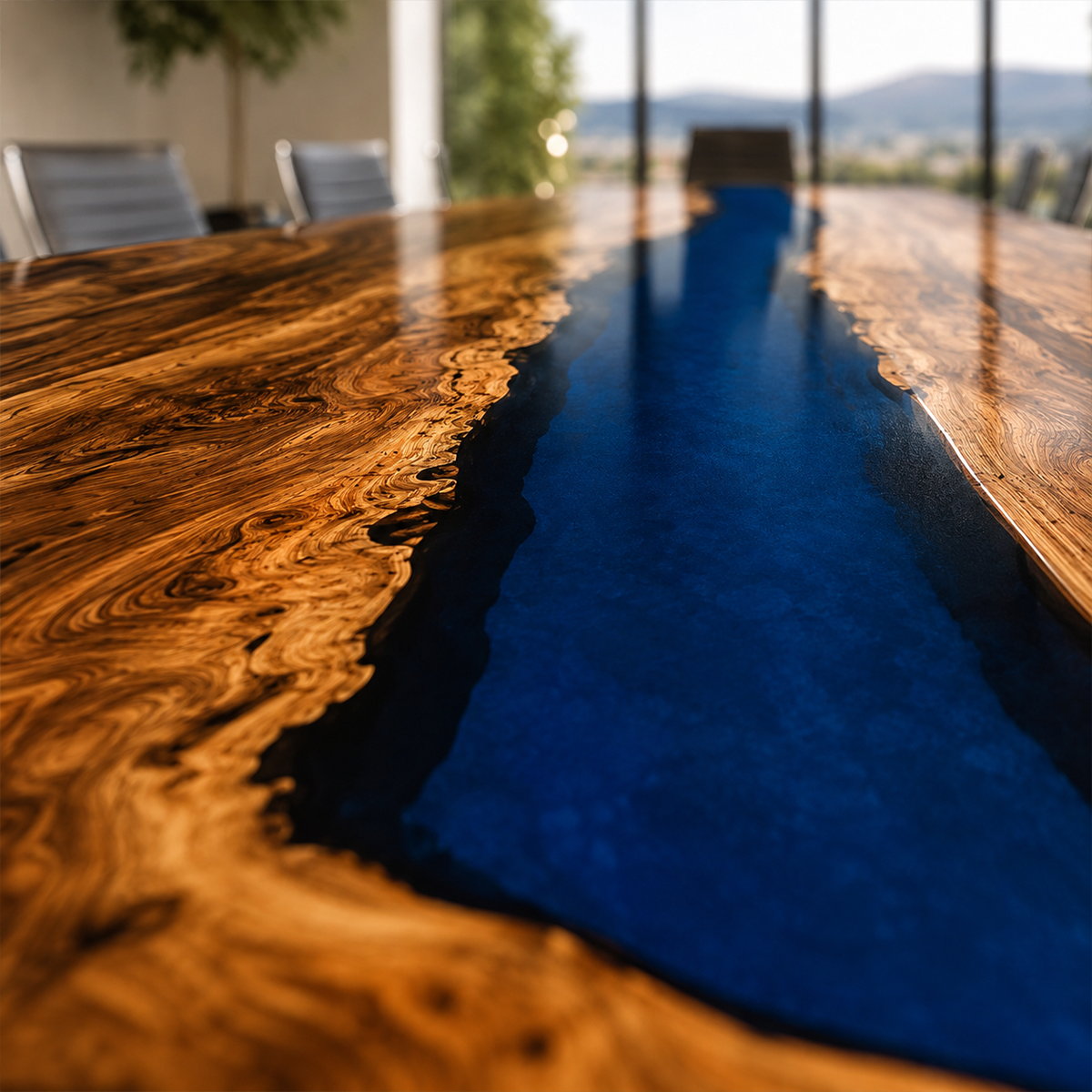 Walnut Wood with Blue Epoxy Resin Conference Table