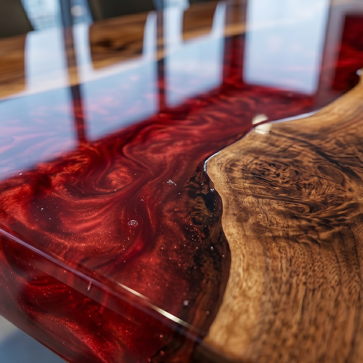 Black Walnut Wood Red River Epoxy Resin Conference Table