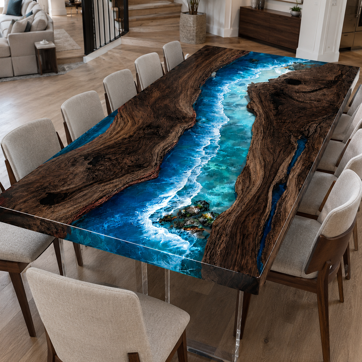 Black Walnut with Blue Wave Epoxy Resin Dining Table