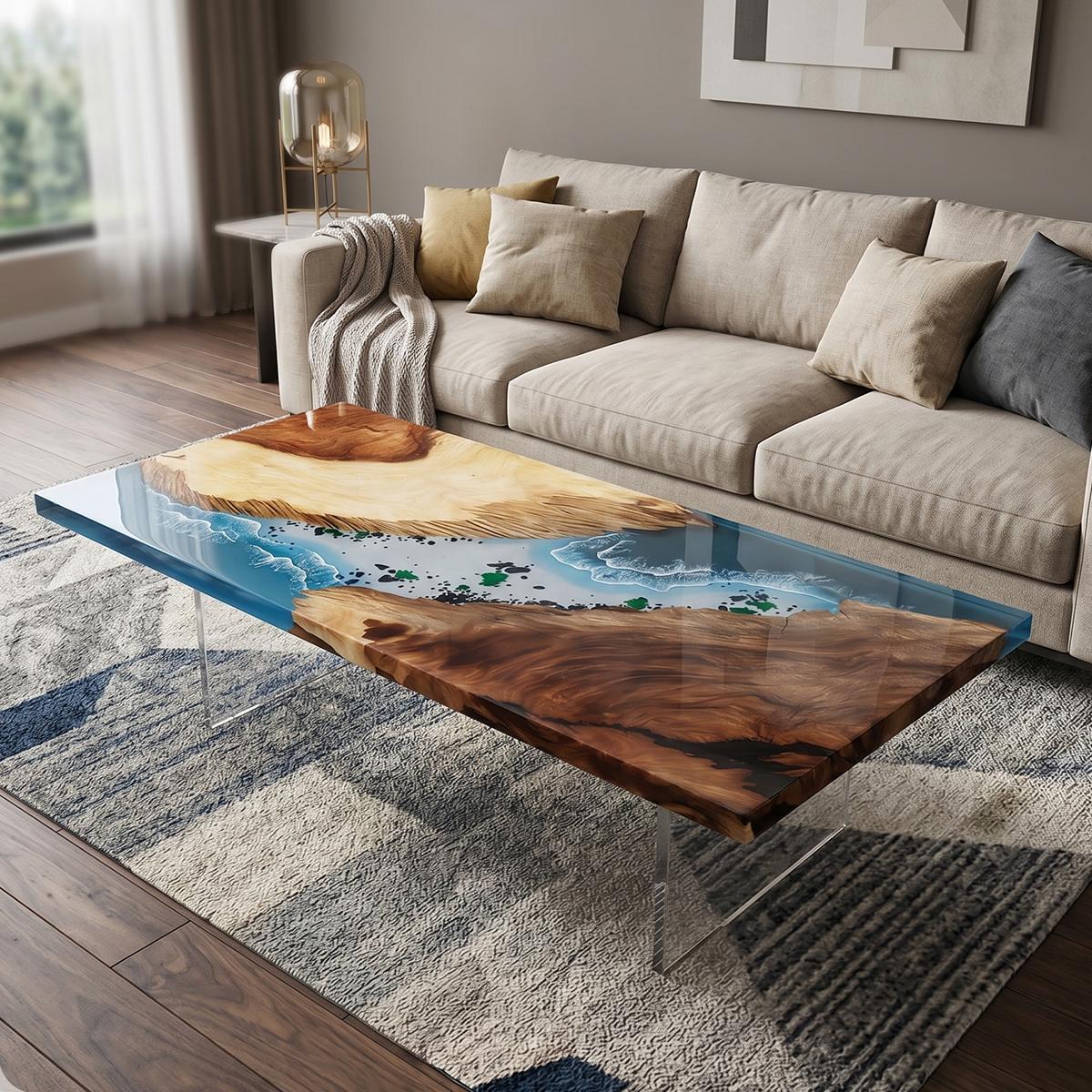 Walnut Wood Rectangle Island Epoxy Resin Coffee Table