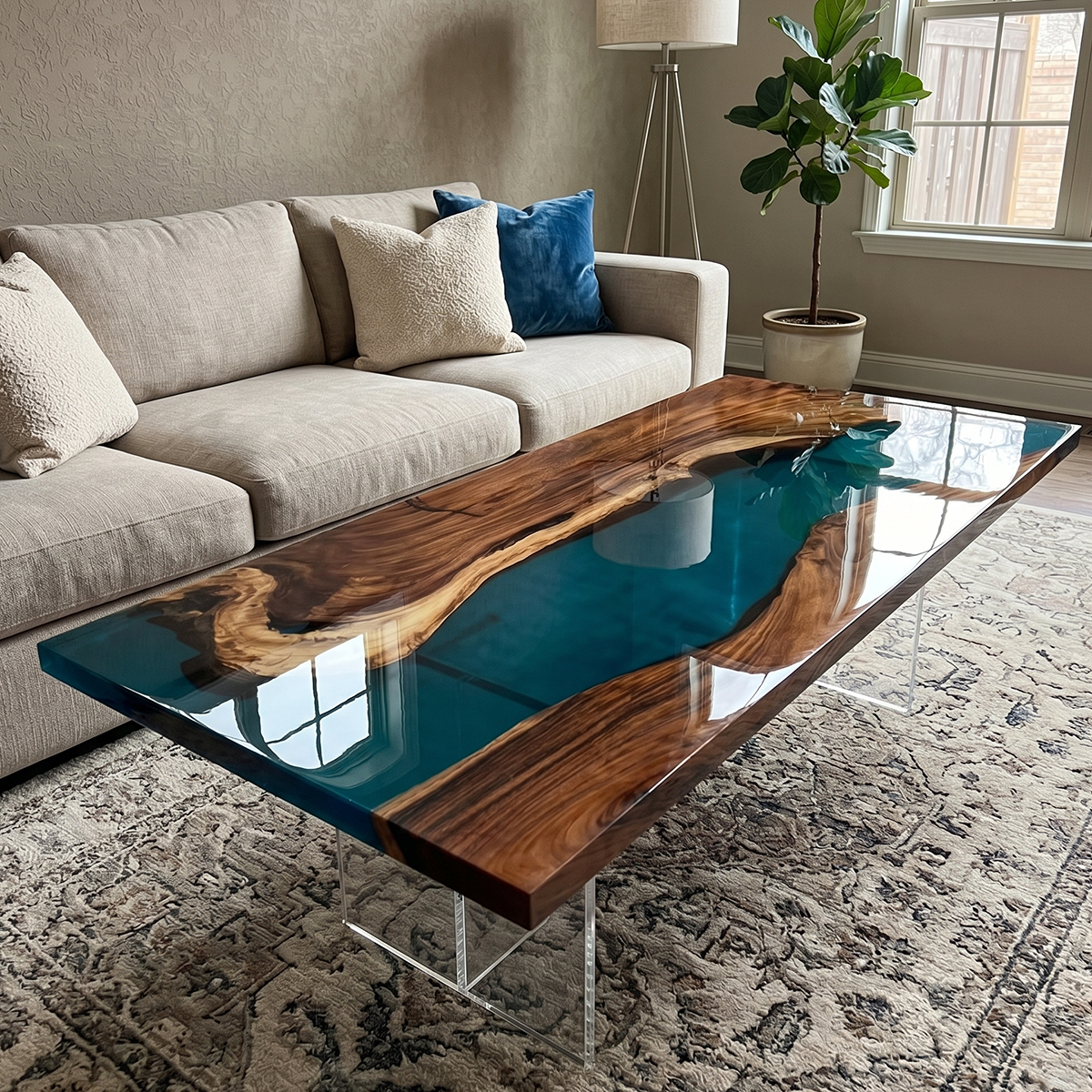 Walnut Wood Teal River Epoxy Resin Coffee Table