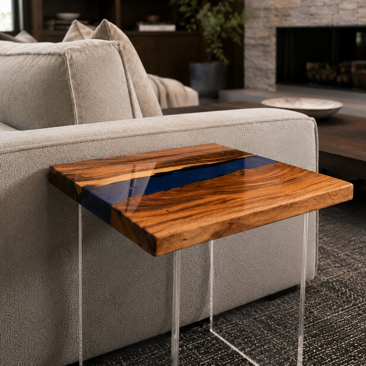 Walnut Wood Resin Blue River Side Table