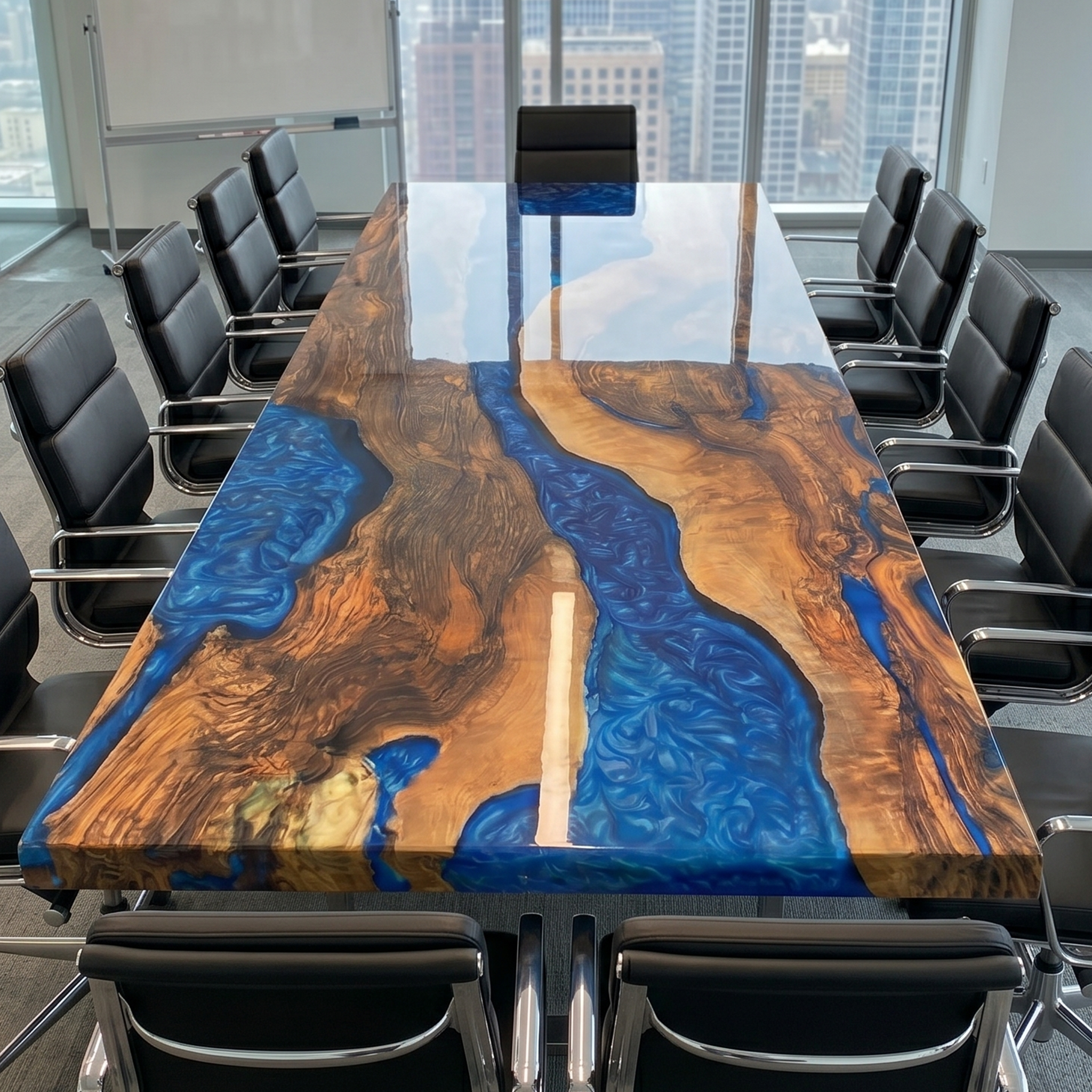 Burl Wood Deep Blue Swirl Epoxy Resin River Dining Table
