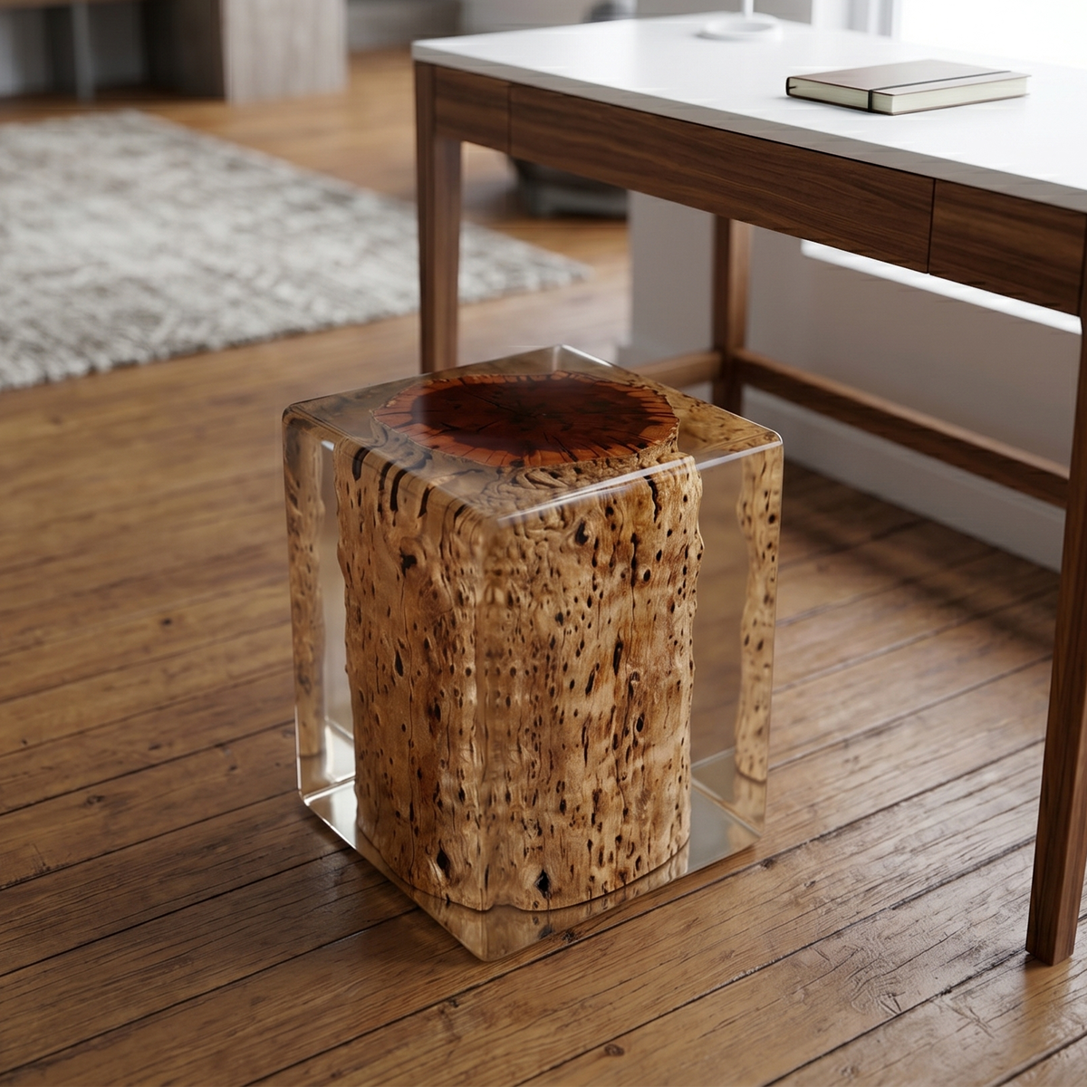 Epoxy Resin Encased Burl Wood Cube Stool