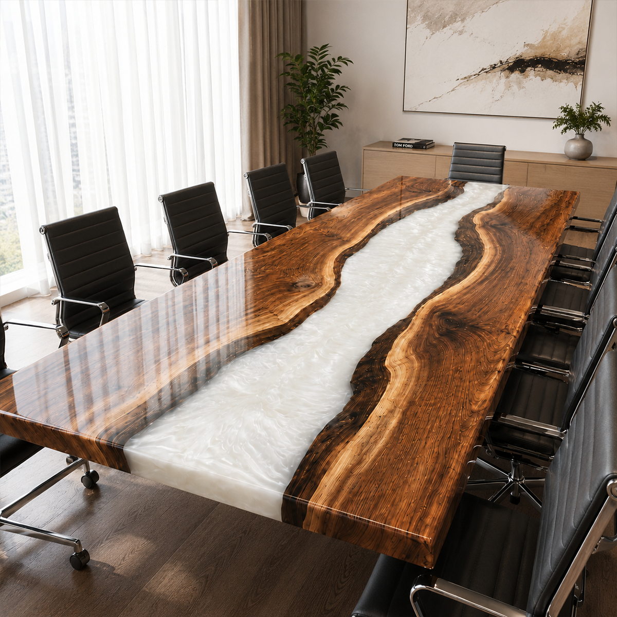 Black Walnut with White Epoxy Resin Conference Table